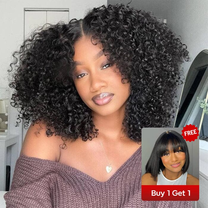 Buy Kinky Curly 5x5 Lace Closure Wig Get Glueless Lace Part Wig with Bangs Human Hair Free