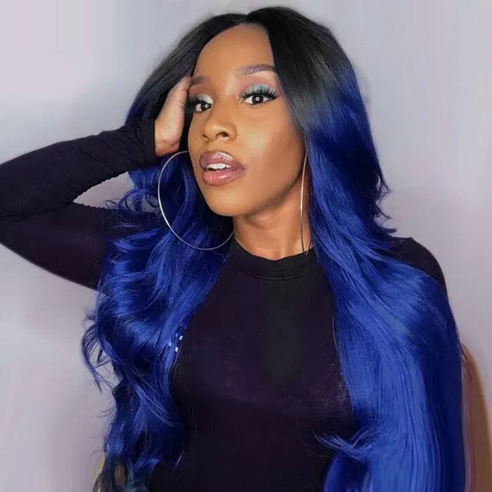 QT Hair Buy Dark Roots Blue Color Human Hair Bundles Weave Get 1B/Blue Lace Closure Free