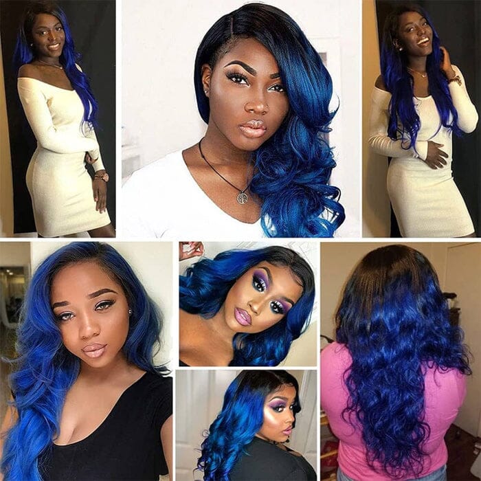 QT Hair Buy Dark Roots Blue Color Human Hair Bundles Weave Get 1B/Blue Lace Closure Free