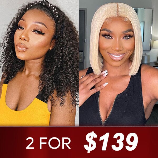 2 Wigs $139 Jerry Curly Headband Wig and Honey Blonde Bob Lace Frontal Wig Human Hair