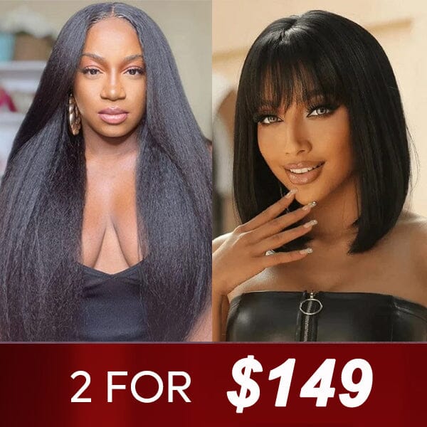 2 Wigs $149 Kinky Straight Pre Cut Lace Wig with Lace Part Wig with Bangs Human Hair