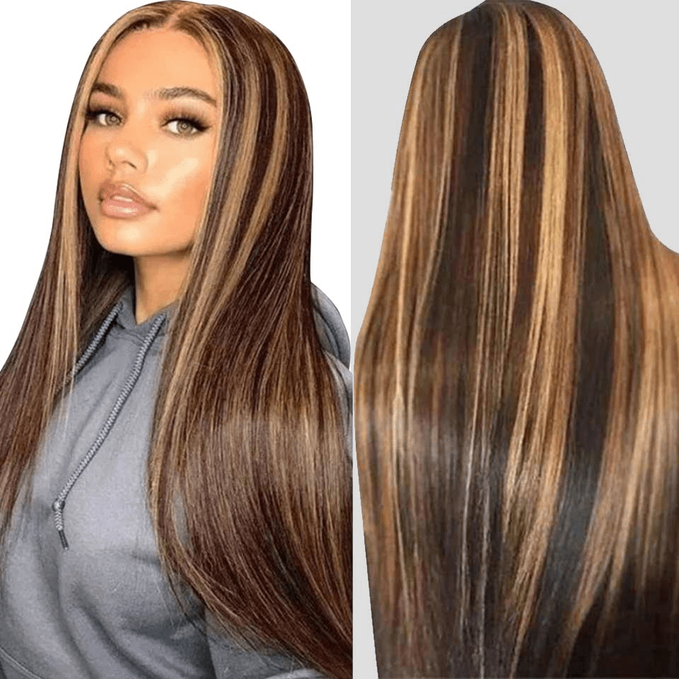 Pre-cut Glueless Wig Put On and Go Honey Blonde Highlights 8*5 Lace Wig Straight Human Hair