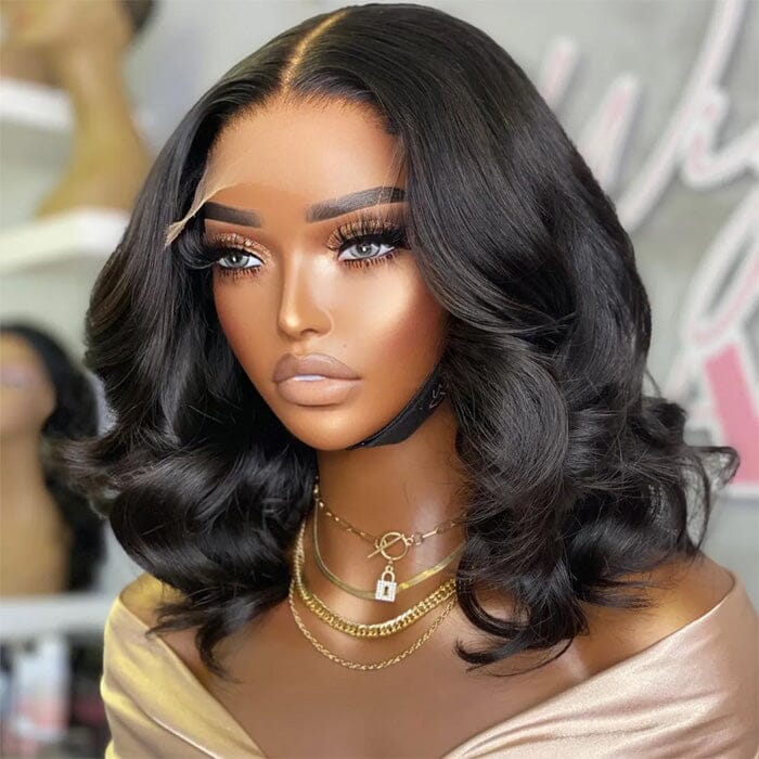 2 Wigs $119 Bouncy Wave 12" 5x5 Bob Lace Closure Wig and 10" Lace Part Wig with Bangs Human Hair