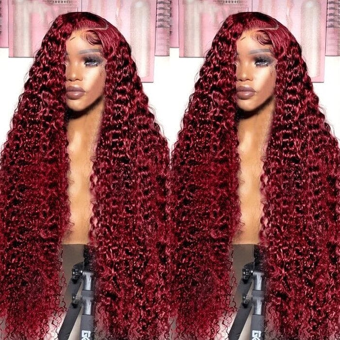 99J Dark Red Color Lace Closure Wigs Pre Plucked Jerry Curly Human Hair ｜QT Hair