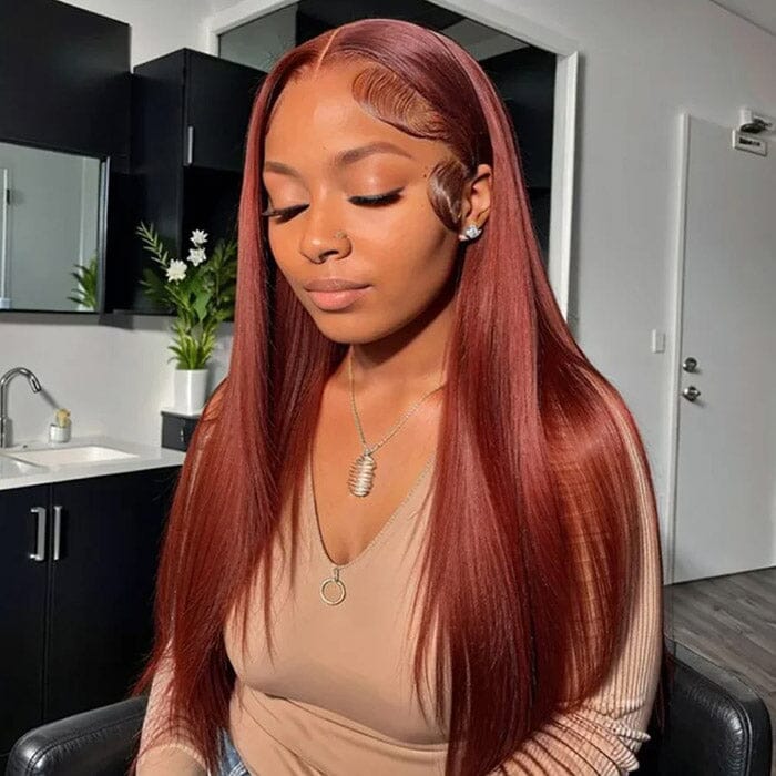 Auburn Brown Color 8*5 Pre Cut Lace Wig Glueless Silky Straight QT Human Hair