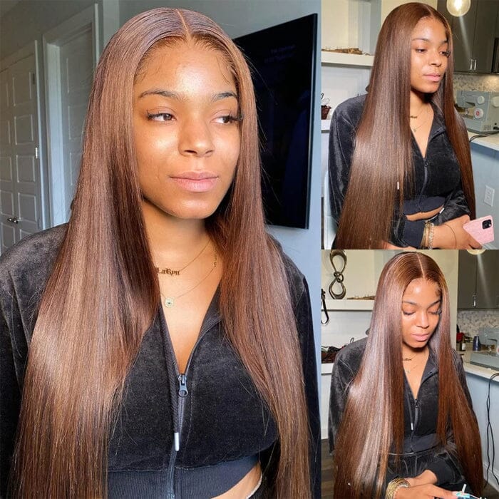 Brown Color #4 Pre Cut 8*5 Lace Wig Glueless Pre Plucked Silky Straight Human Hair