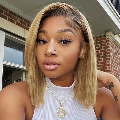 Brown Ombre Honey Blonde Color Lace Wigs Short Bob Double Drawn Raw Human Hair ｜QT Hair