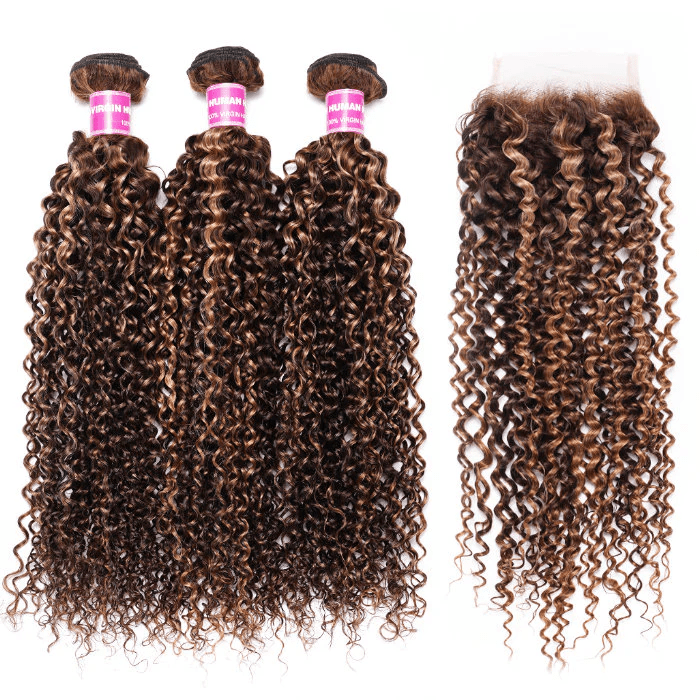 Buy Jerry Curly Ombre Highlight Human Hair Bundles Get P4/27 Color Lace Closure Free