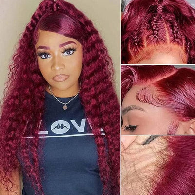 Deep Wave 13x4 13x6 Lace Frontal Wigs Burgundy 99J Color Human Hair ｜QT Hair