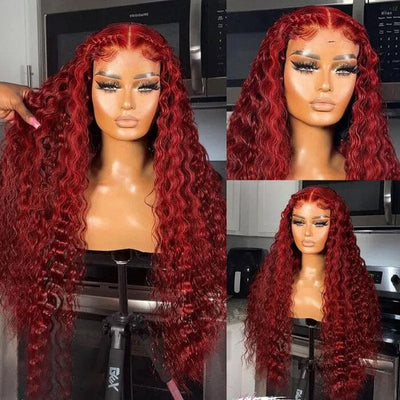 Deep Wave 13x4 13x6 Lace Frontal Wigs Burgundy 99J Color Human Hair ｜QT Hair