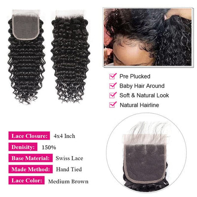 QT 14A Malaysian Virgin Human Hair Deep Wave Hair 3 Bundles with 4*4 Lace Closure ｜QT Hair