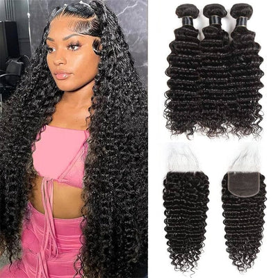 QT 14A Malaysian Virgin Human Hair Deep Wave Hair 3 Bundles with 4*4 Lace Closure ｜QT Hair