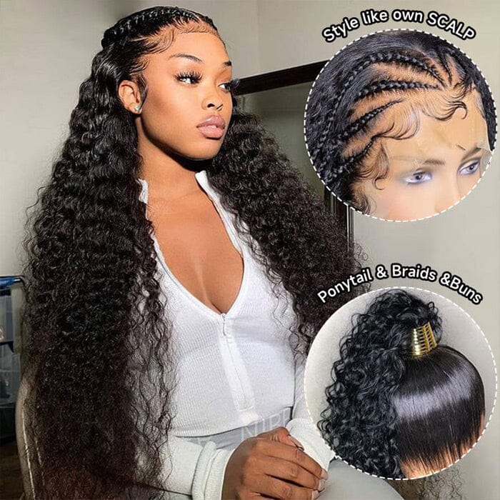 Glueless Invisi-Drawstring Flexible Fit 360 Lace Frontal Wigs Pre Plucked Deep Wave Virgin Human Hair