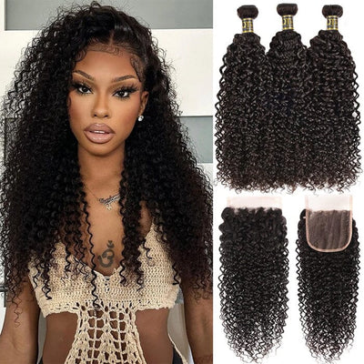 Buy Curly Human Hair Weave Bundles Get 4x4 Lace Closure Pre Plucked Free