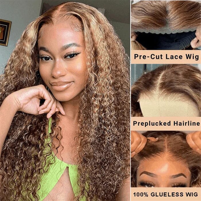 Jerry Curly Glueless 8x5 Pre Cut Lace Wig Pre Plucked Ombre Highlight Human Hair