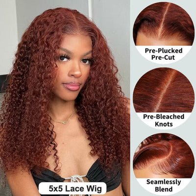 Jerry Curly Reddish Brown Human Hair Transparent Lace Wigs Pre Plucked ｜QT Hair