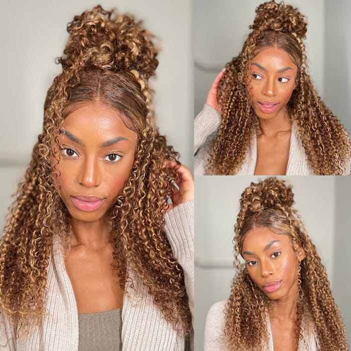 Jerry Curly Honey Blonde Brown Color Highlight Lace Frontal Wigs Human Hair
