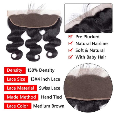 Body Wave 3 Bundles with Lace Frontal Virgin Human Hair Weave Extensions for Women ｜QT Hair