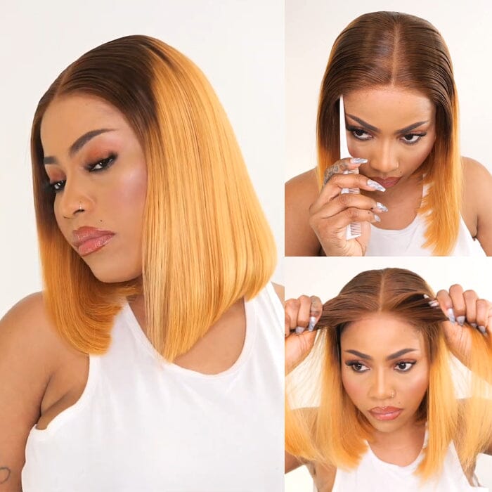 $69 Flash Sale Brown Color Ombre Blonde Lace Wigs Pre Plucked Short Bob Human Hair