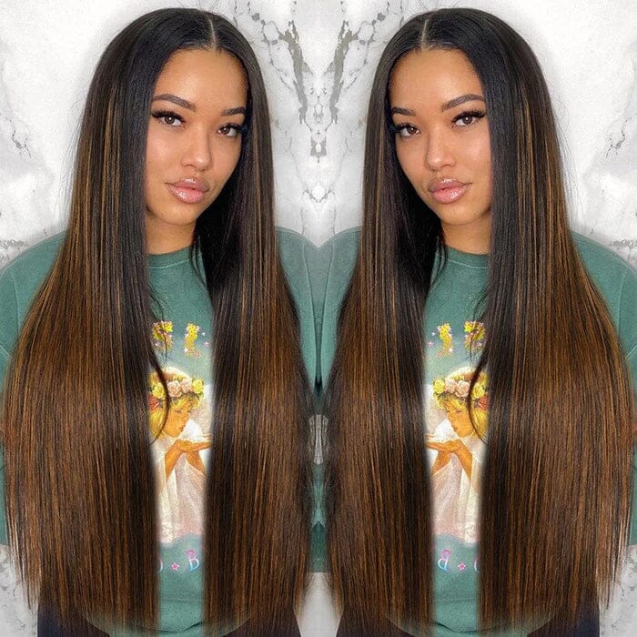 Ombre Brown Balayage Highlight Silky Straight 8x5 Pre Cut Lace Wig Glueless Human Hair