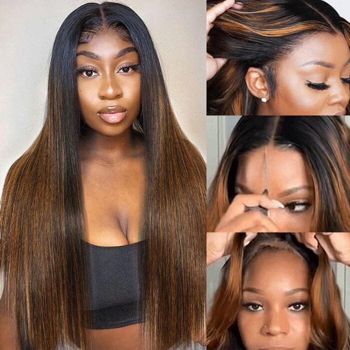 Ombre Brown Balayage Highlight Silky Straight 8x5 Pre Cut Lace Wig Glueless Human Hair