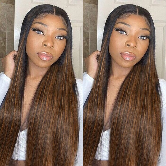 Ombre Brown Balayage Highlight Silky Straight 8x5 Pre Cut Lace Wig Glueless Human Hair