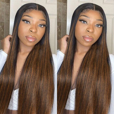 Ombre Brown Balayage Highlight Silky Straight 8x5 Pre Cut Lace Wig Glueless Human Hair