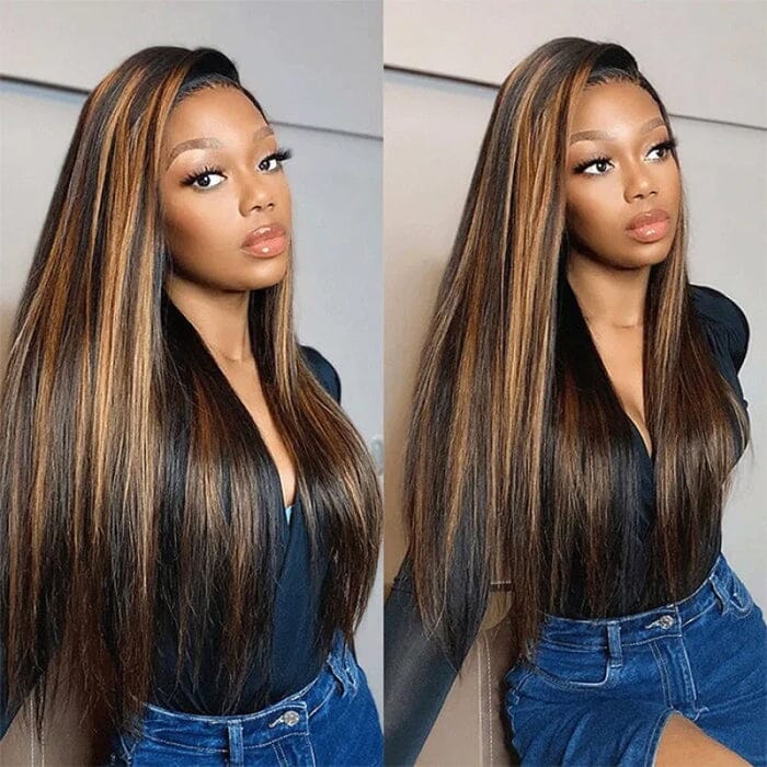 Ombre Brown Balayage Highlight Silky Straight 8x5 Pre Cut Lace Wig Glueless Human Hair