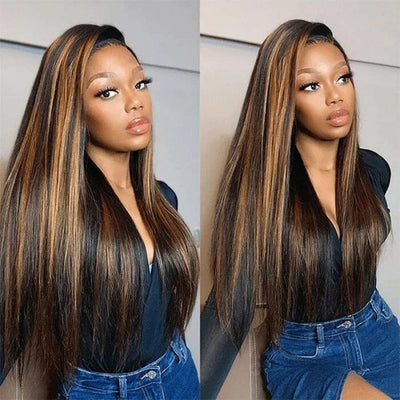 Ombre Brown Balayage Highlight Silky Straight 8x5 Pre Cut Lace Wig Glueless Human Hair