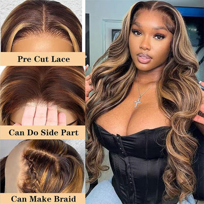 Ombre Highlight Body Wave 8x5 Pre Cut Lace Wig Glueless Pre Plucked Human Hair