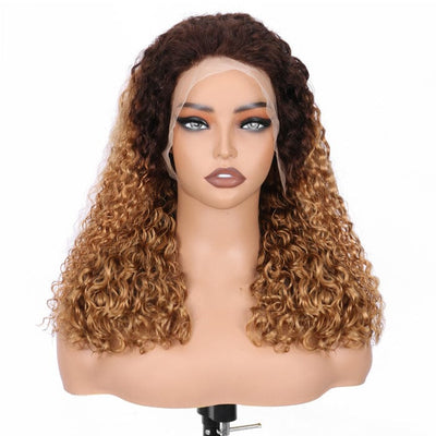 QT SDD Pixie Curly Lace Frontal Wig Pre Plucked Ombre Brown Blonde Human Hair