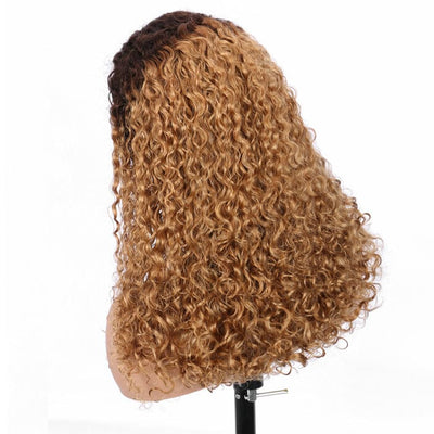 QT SDD Pixie Curly Lace Frontal Wig Pre Plucked Ombre Brown Blonde Human Hair