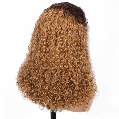 QT SDD Pixie Curly Lace Frontal Wig Pre Plucked Ombre Brown Blonde Human Hair