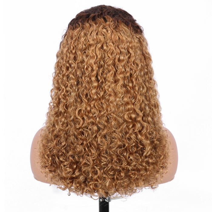 QT SDD Pixie Curly Lace Frontal Wig Pre Plucked Ombre Brown Blonde Human Hair