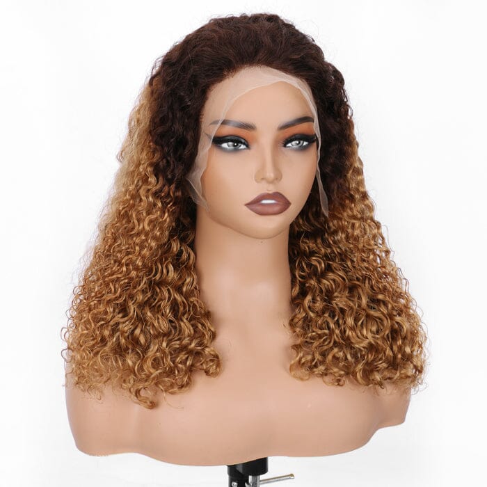 QT SDD Pixie Curly Lace Frontal Wig Pre Plucked Ombre Brown Blonde Human Hair