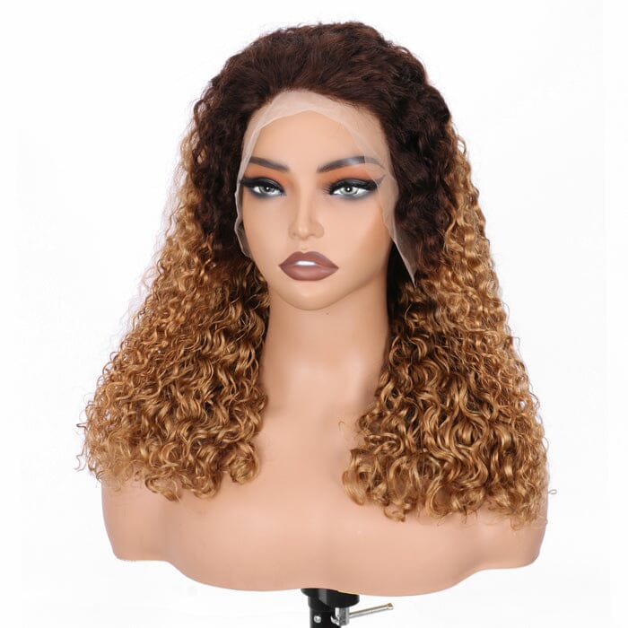 QT SDD Pixie Curly Lace Frontal Wig Pre Plucked Ombre Brown Blonde Human Hair