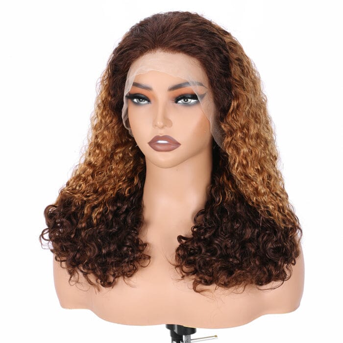 QT SDD Pixie Curly Lace Frontal Wig Pre Plucked Brown Root Ombre Blonde Human Hair