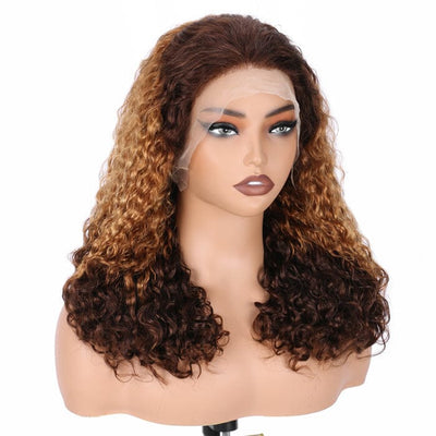 QT SDD Pixie Curly Lace Frontal Wig Pre Plucked Brown Root Ombre Blonde Human Hair