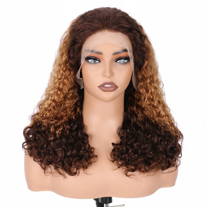 QT SDD Pixie Curly Lace Frontal Wig Pre Plucked Brown Root Ombre Blonde Human Hair