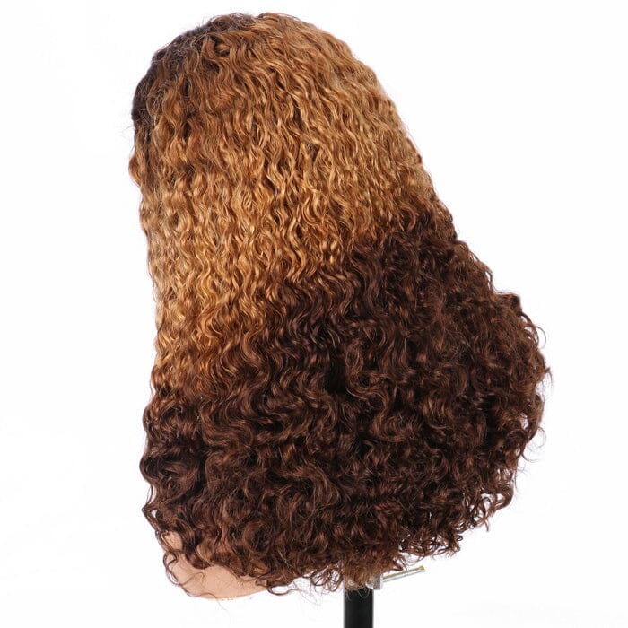 QT SDD Pixie Curly Lace Frontal Wig Pre Plucked Brown Root Ombre Blonde Human Hair