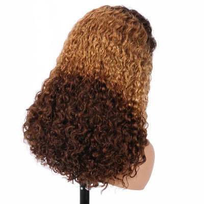 QT SDD Pixie Curly Lace Frontal Wig Pre Plucked Brown Root Ombre Blonde Human Hair