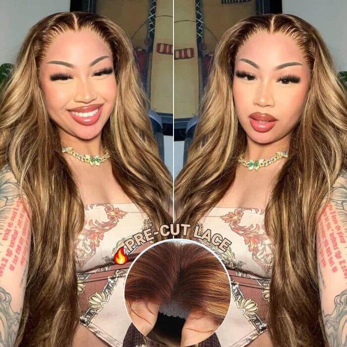 Pre-cut Glueless Wig Put On and Go Honey Blonde Highlights 8*5 Lace Wig Straight Human Hair