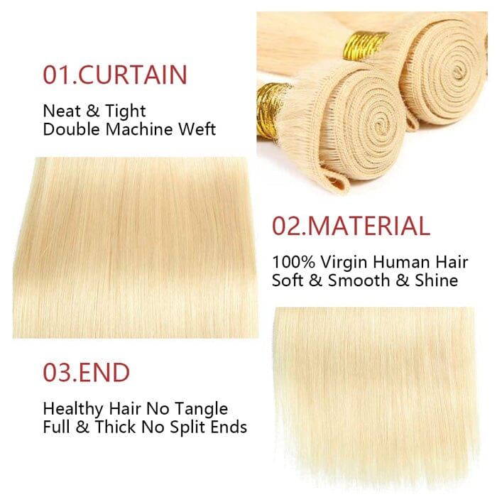 QT 14A #613 Blonde Straight Hair 4 Bundles with Lace Frontal Platinum Blonde Human Hair ｜QT Hair
