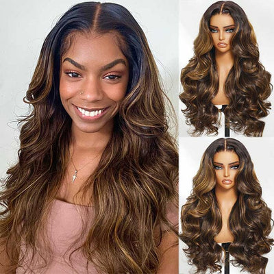 QT 70% Off Balayage Highlight Body Wave 8x5 Pre Cut Lace Wig Glueless Human Hair