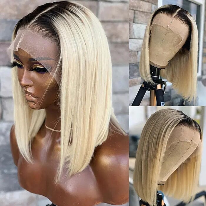 QT Dark Roots Honey Blonde Color 613 Lace Frontal Wig Silky Straight Human Hair ｜QT Hair