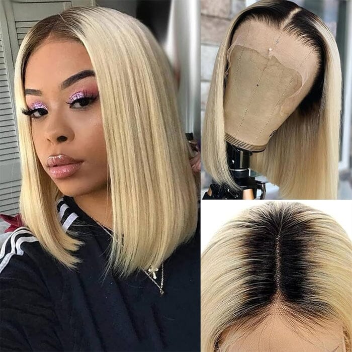 QT Dark Roots Honey Blonde Color 613 Lace Frontal Wig Silky Straight Human Hair ｜QT Hair