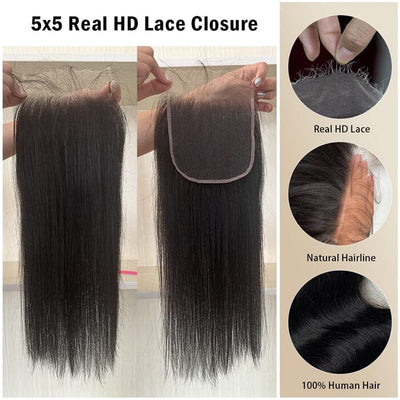 QT Hair Body Wave 5x5 HD Lace Closure Pre Plucked Straight Virgin Human Hair