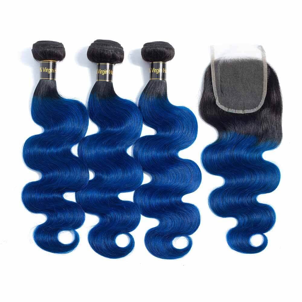 QT Hair Buy Dark Roots Blue Color Human Hair Bundles Weave Get 1B/Blue Lace Closure Free