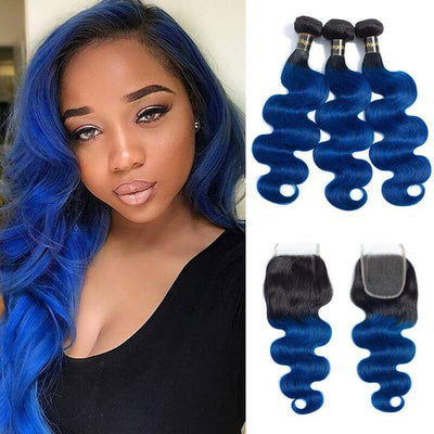 QT Hair Buy Dark Roots Blue Color Human Hair Bundles Weave Get 1B/Blue Lace Closure Free