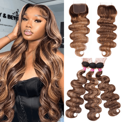 QT Hair Buy Ombre Highlight Color P4/27 Hair Bundles Weave Get Free 4*4 Lace Closure